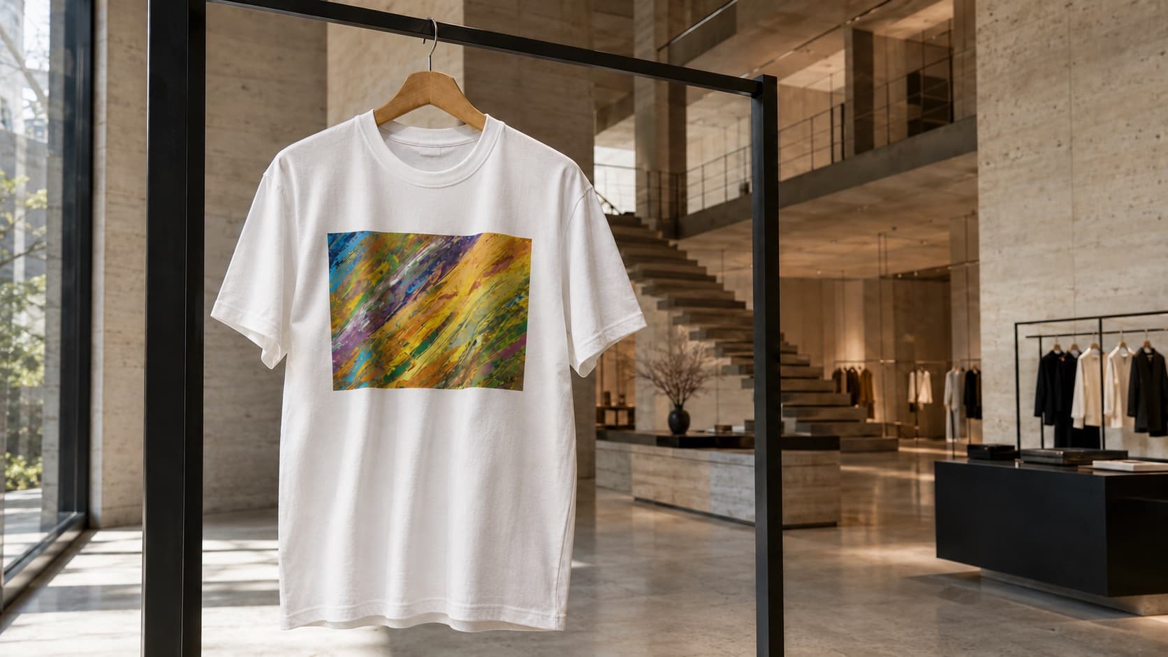 前面にアートをプリントした白いTシャツ