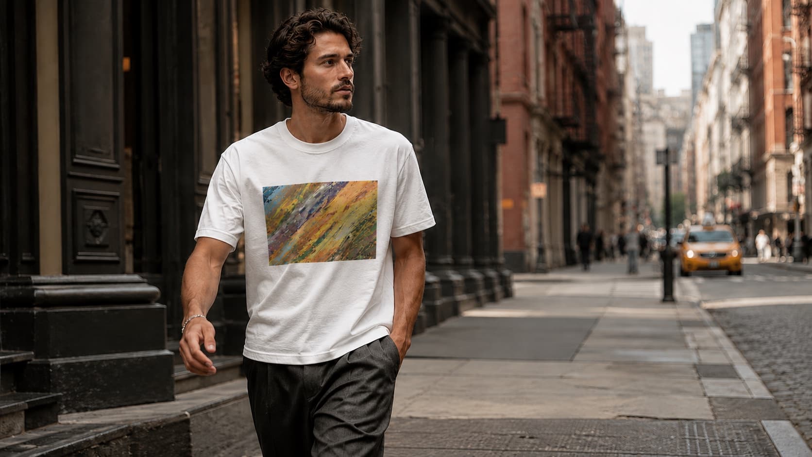 前プリントのTシャツを着て歩く人