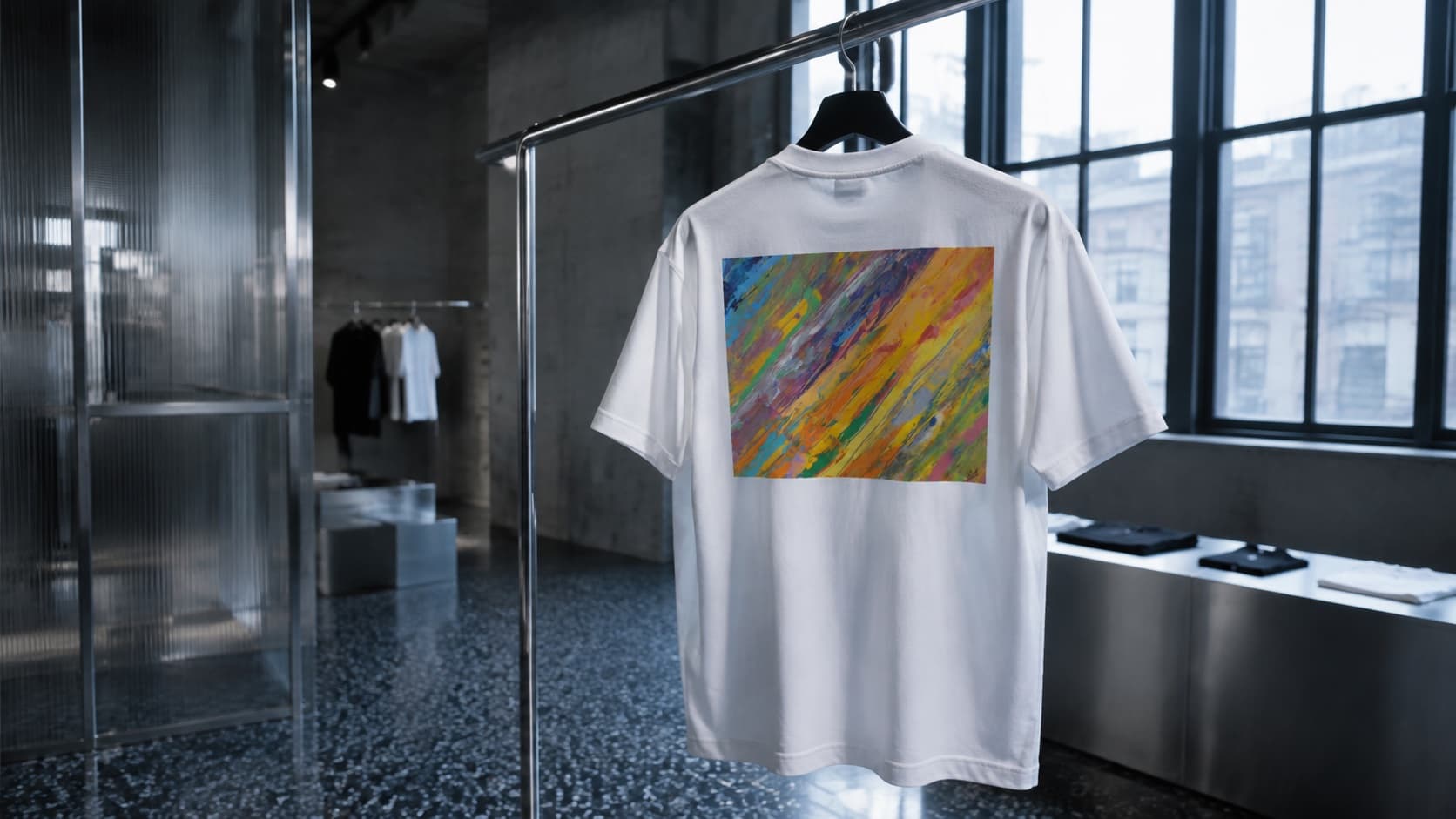 背にアートをプリントした白いTシャツ